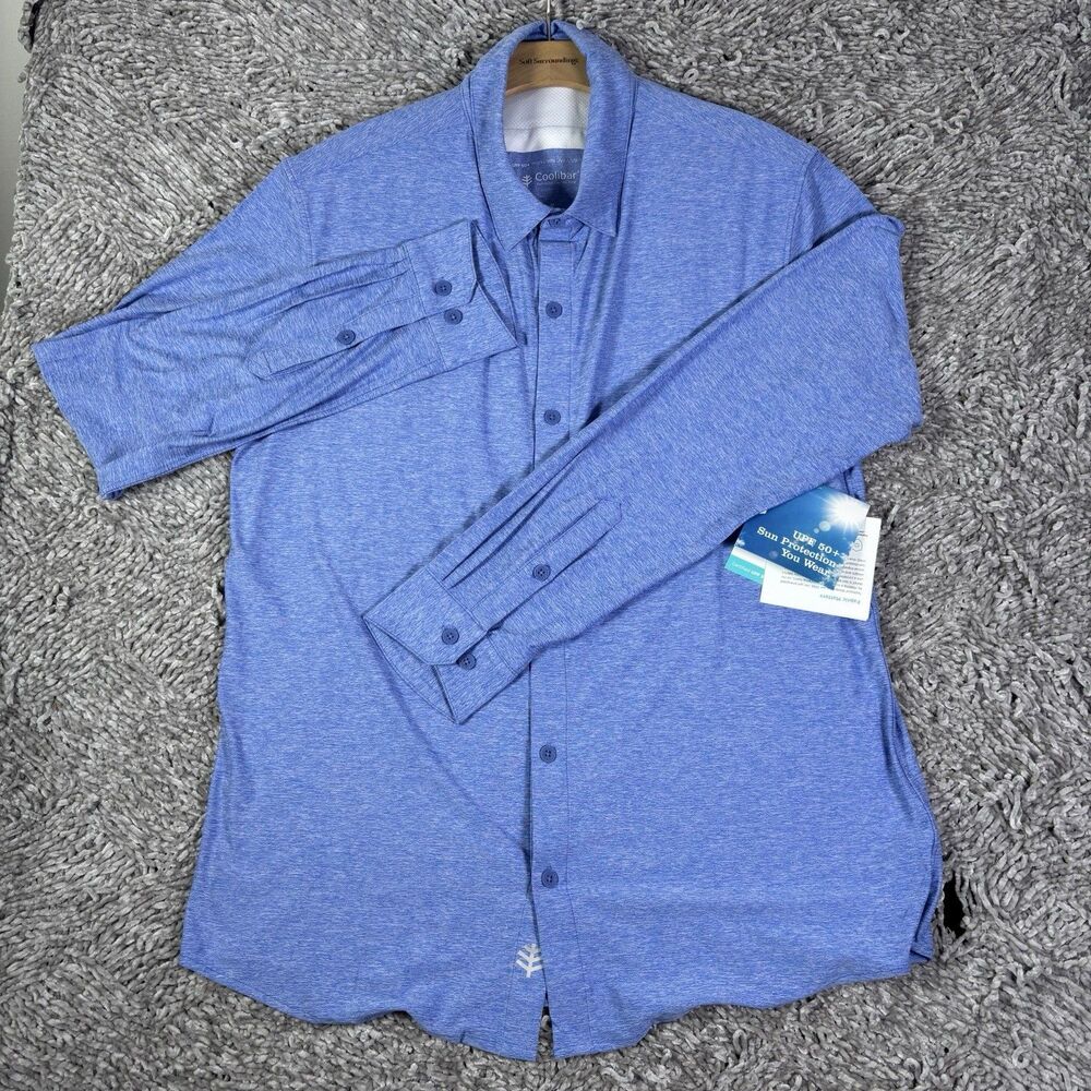 Coolibar Vita Button Down Shirt Mens Medium UPF 50 Baby Blue Stretch Summer NWTG